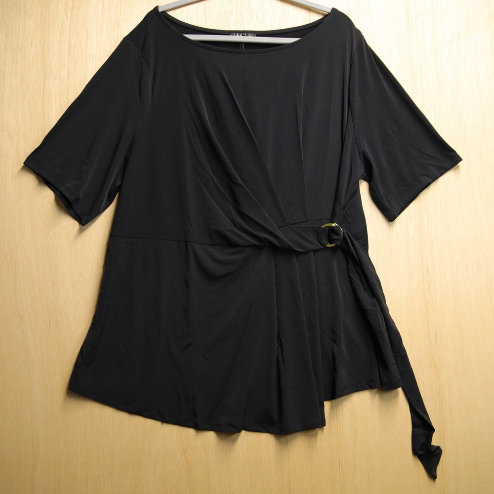 IMAN Global Chic Black Draped Ring Side Tie Blouse Top 3X NEW Office\Formal